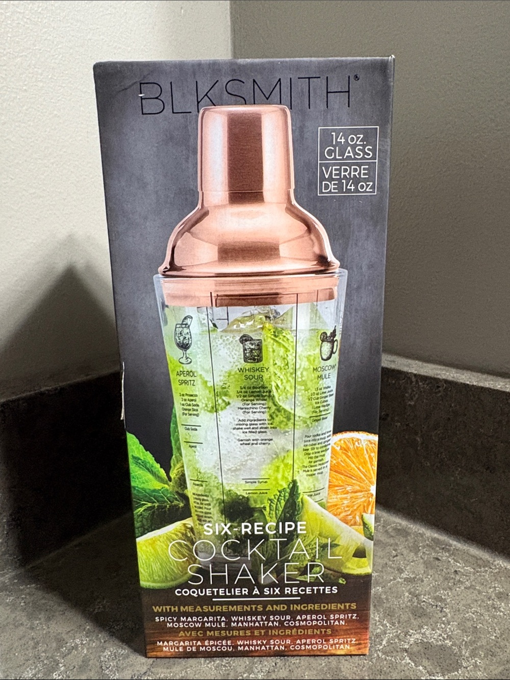 BLkSMITH 14 oz Six Recipe Glass Cocktail Shaker -Copper Finish.
